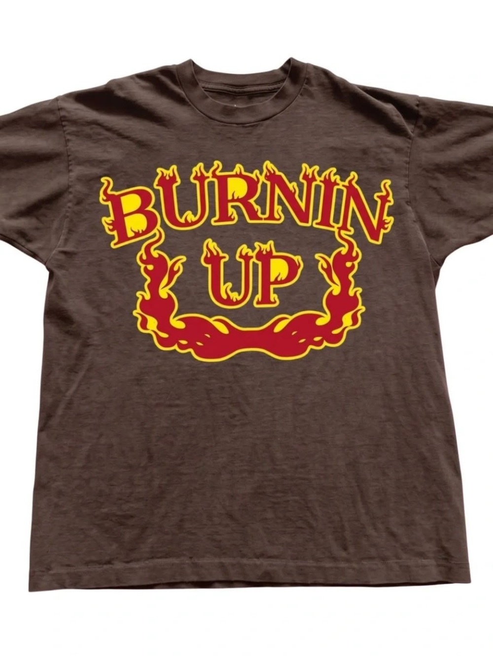 Brown Tee with Red and Yellow 'BURNIN UP' Flame Graphic